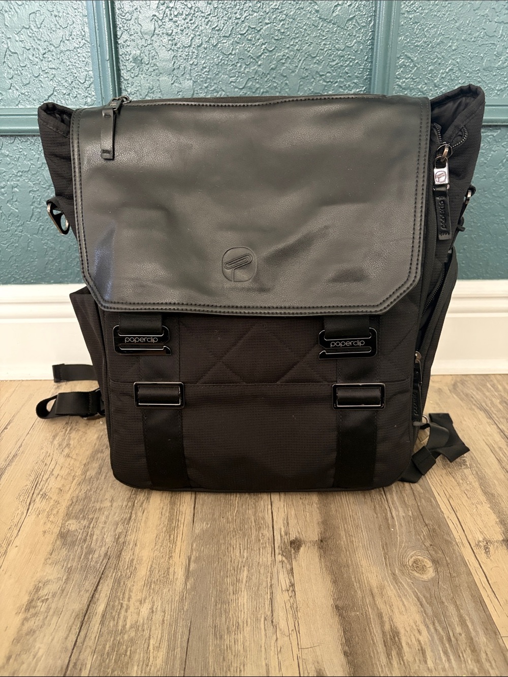Paperclip Black Roll-Top Messenger Backpack
